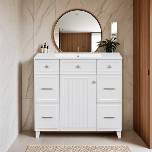 36" Bathroom Vanity with Ceramic Sink, Solid Wood Frame, Soft Close Doors, Adjustable Shelves, 3 Drawers - Leovsnove - 1 of 4