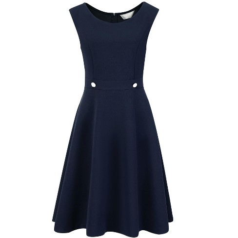 Hobemty Women's Sleeveless Elegant Round Neck Office A-line Dress Navy ...