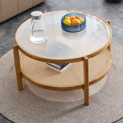 Solid Wood Coffee Table With Rattan Woven Shelf 2-Tier,Modern Small Coffee Table,35" Round Coffee Table,Coffee Table with Log Style-The Pop Home