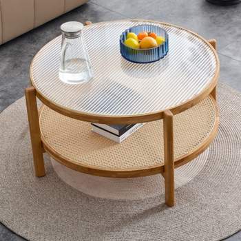 Modern Minimalist Round Coffee Table with Craft Glass Tabletop and Rattan Layer - The Pop Home