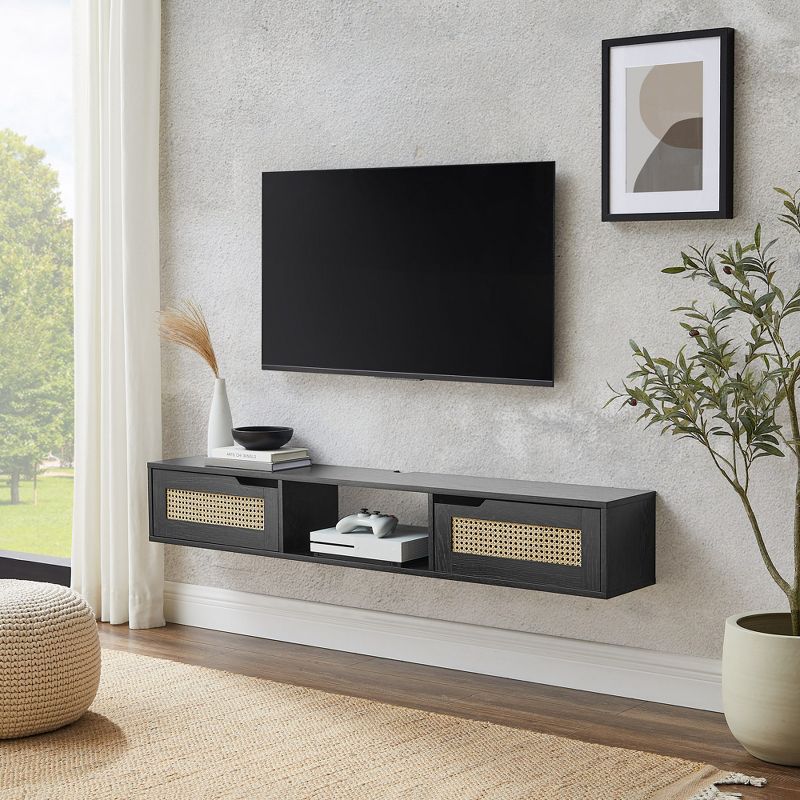 Modern Boho Floating TV Stand for TVs up to 65" with Rattan Doors - Saracina Home, 2 of 16