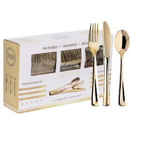 Aoibox 300-Piece Gold Plastic Cutlery Set, Heavy Duty Disposable Flatware for Parties, Weddings & Daily Use - Includes Forks, Spoons & Knives - 1 of 4
