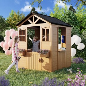Outdoor Wooden Playhouse For Kids, Outdoor Garden Pretend Play Games, Adventure Cottage, With Working Door, Windows, Service Station - 1 of 4