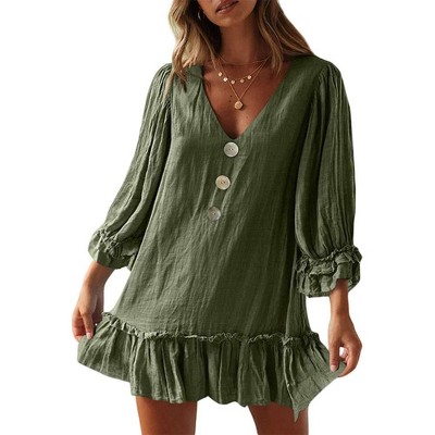 Womens Ruffle Peasant Dress V Neck 3/4 Sleeve Front Button Flowy Dress Beach Sundress Linen A Line Summer Mini Dress Babydoll Dress