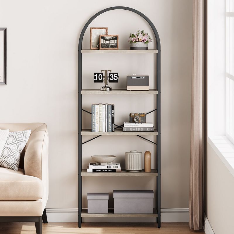 Arched Top Bookshelf 5 Tier Bookcase Grey, 2 of 6