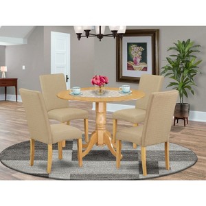 HomeStock 5Pc Round 42" Kitchen Table With Two 9-Inch Drop Leaves And Four Parson Chair With Oak Finish Leg And Linen Fabric- Dark Khaki Color - 1 of 3
