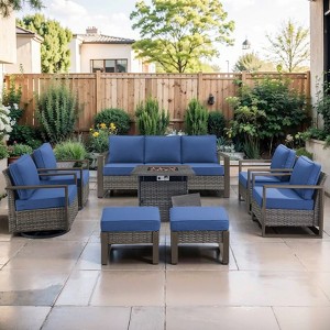 Gymojoy 6/8PCS 50000 BTU Gas Firepit Table with Outdoor 3-Seat Sofa Swivel Chair Ottoman Set - 1 of 4