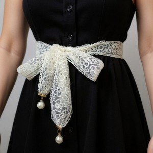 Anna-Kaci Women's Floral Lace Ribbon Belt with Oversized Bow and Pearl Drop Details 59in - 1 of 4