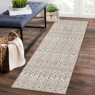Vintage Geometric Striped Print Area Rug Runner Rug Washable Rug Stain Resistant Runner Rug with Non-Slip Backing Low Pile Floor Cover Taupe