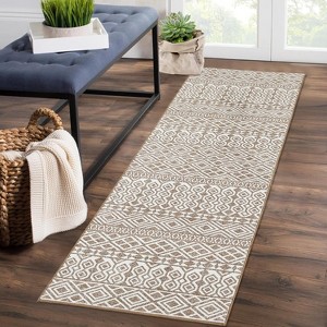 Vintage Geometric Striped Print Area Rug Runner Rug Washable Rug Stain Resistant Runner Rug with Non-Slip Backing Low Pile Floor Cover Taupe - 1 of 4