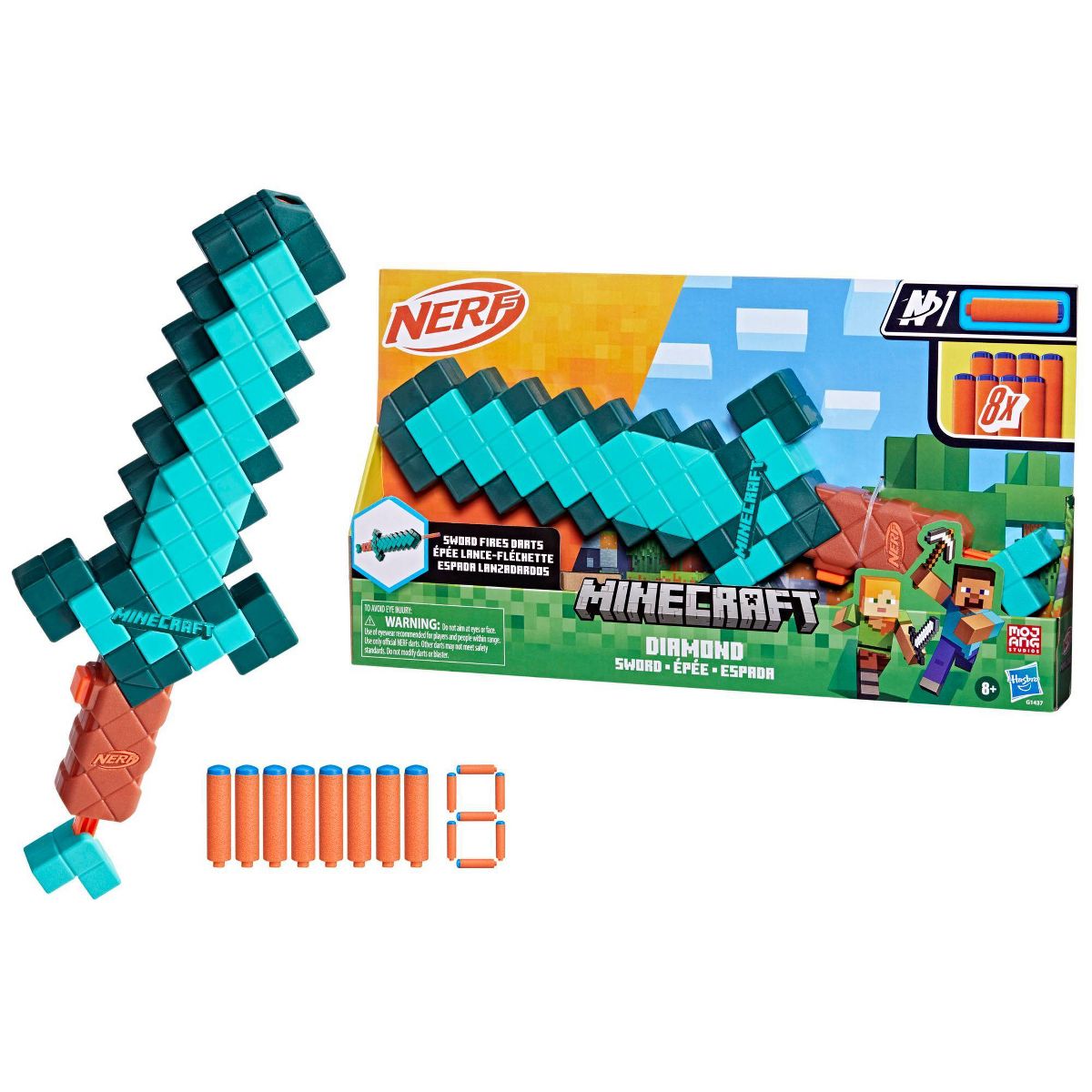 A blue Minecraft NERF sword with accessories and packaging