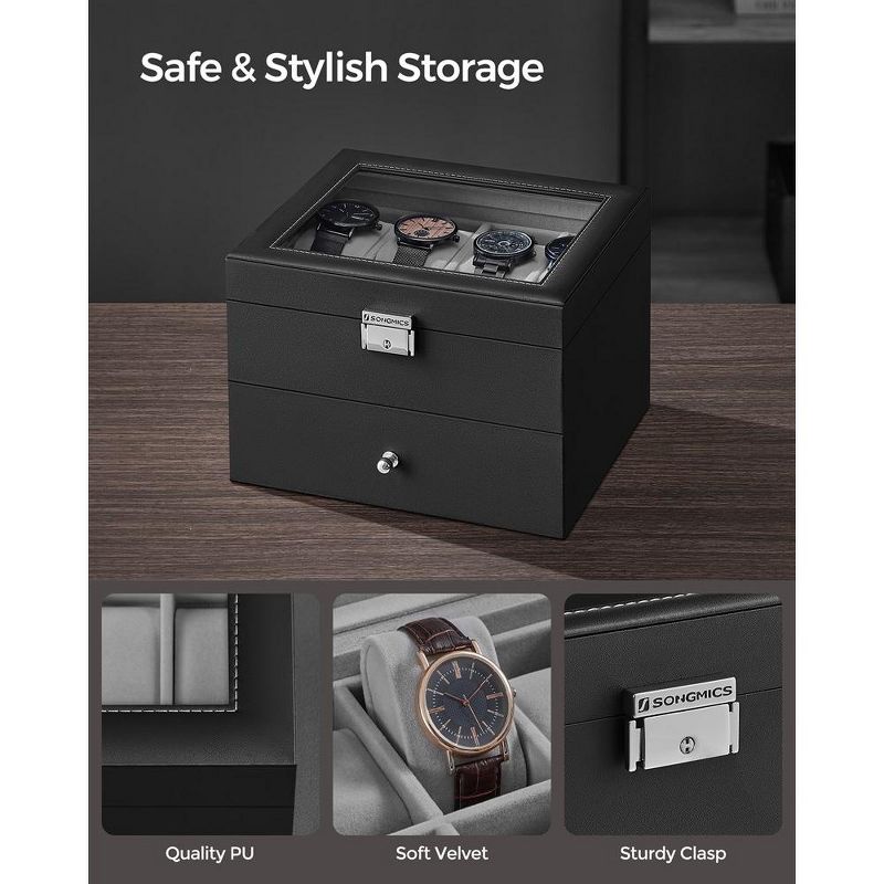 SONGMICS 16-Slot Watch Box Watch Case with Glass Lid 2 Layers Lockable Watch Display Case Black Synthetic Leather, 4 of 7