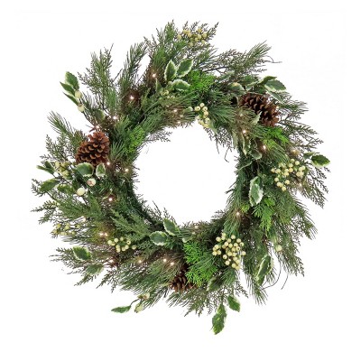 HGTV 28" Pre-lit Mixed Pine with Holly and White Berries Christmas Artificial Wreath with Warm White LED Lights: Indoor/Outdoor, Battery-Operated