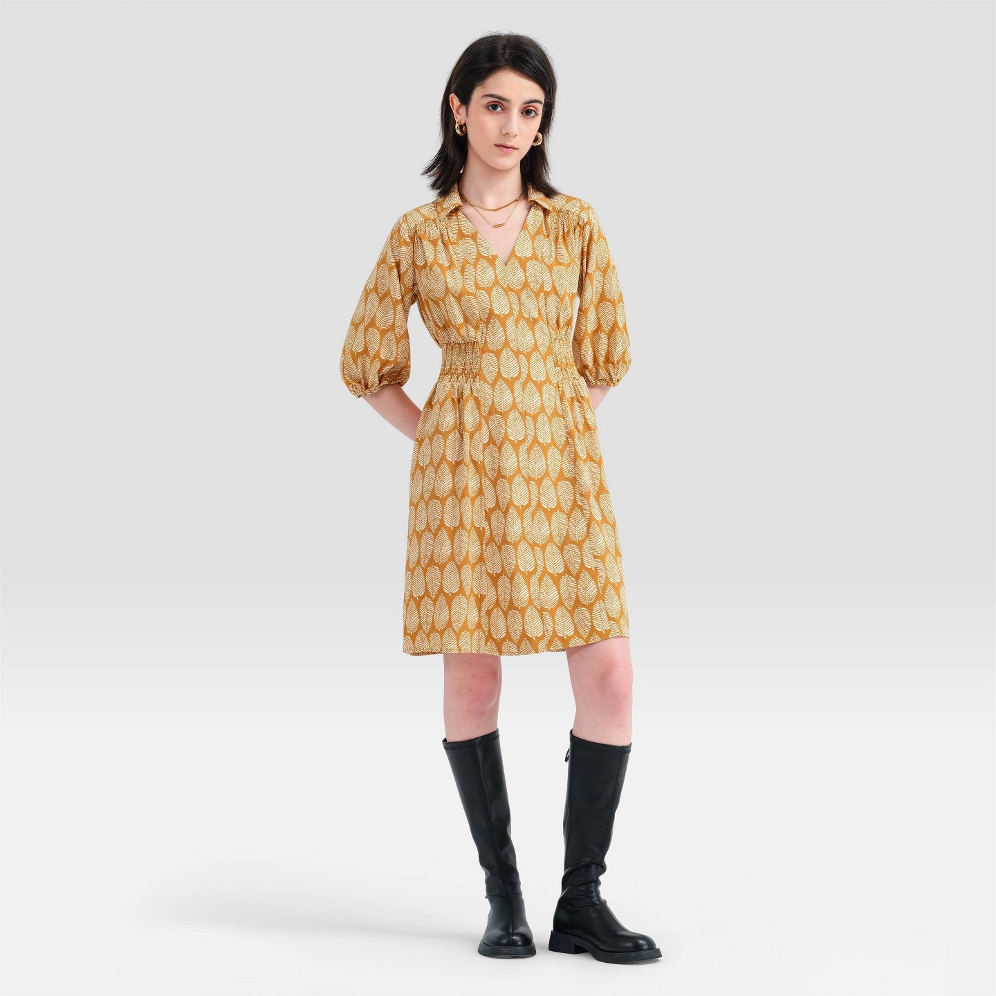 Женское платье A New Day Puff 3/4 Sleeve Smocked Waist Shirtdress, цвет: Жёлтый — фото 1