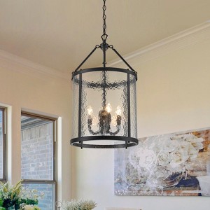 LLHZSY 4-Light Farmhouse Lantern Glass Pendant Chandelier With Water Ripple Glass - Black/Gold - 1 of 4