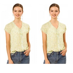 Allegra K Women's Floral Chiffon V Neck Ruffled Short Sleeve Shirt 2 Packs - 1 of 4