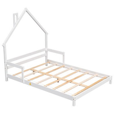 Twin House-Shaped Headboard Floor Bed with Handrails - Low Platform Wood Frame, Sturdy Slats, Easy Assembly, for Kids & Teens