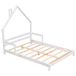 Twin House-Shaped Headboard Floor Bed with Handrails - Low Platform Wood Frame, Sturdy Slats, Easy Assembly, for Kids & Teens - 1 of 4