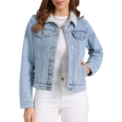 INSPIRE CHIC Women's Fleece Lined Collared Warm Faux Fur Denim Jacket X-Small Light Blue
