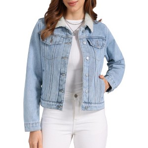 INSPIRE CHIC Women's Fleece Lined Collared Warm Faux Fur Denim Jacket - 1 of 4
