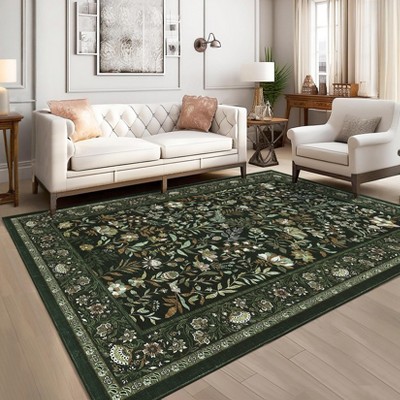 Washable Area Rug for Living Room Botanical Rugs Soft Non Slip Low Pile Non-Shedding Floor Carpet Floral Print Throw Rugs Indoor