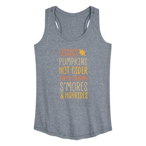 Women's - Instant Message - Fall Bucket List Leaves, Pumpkins, Hot Cider Graphic Racerback Tank - 1 of 4