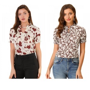 INSPIRE CHIC Women's Ruffle Tie V-Neck Casual Smocked Short Sleeve Floral Top 2 Packs - 1 of 4