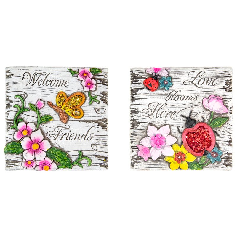 Northlight Set of 2 Love Blooms and Welcome Friends Floral Outdoor Garden Stones 7", 1 of 5