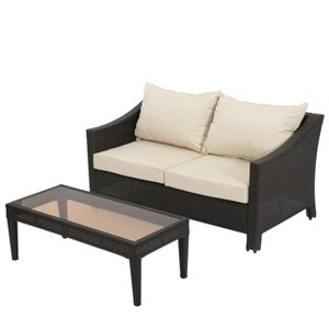 Christopher Knight Home Antibes 2PCS Outdoor Wicker Loveseat and Coffee Table Set with Cushions - 1 of 4