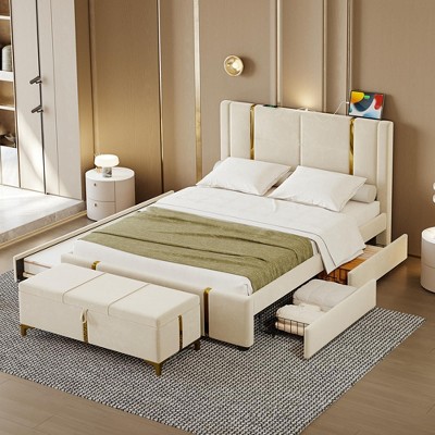 Okak Queen Platform Bed Frame with LED Lights and USB Charger No Box Spring Needed Upholstered Bed with Gold Decoration and Trundle