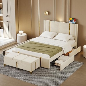 Okak Queen Platform Bed Frame with LED Lights and USB Charger No Box Spring Needed Upholstered Bed with Gold Decoration and Trundle - 1 of 4