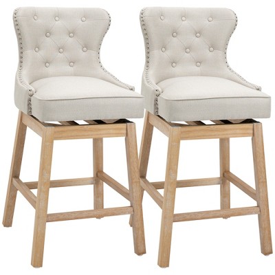 Cream Upholstered Swivel Bar Stools with Wood Legs, Set of 2