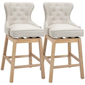 HOMCOM Upholstered Fabric Bar Height Bar Stools Set of 2, 180° Swivel Nailhead-Trim Pub Chairs, 30" Seat Height with Rubber Wood Legs, Cream - 1 of 4