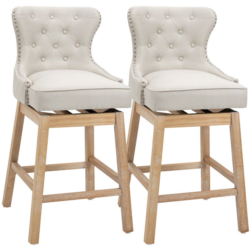 HOMCOM Upholstered Fabric Bar Height Bar Stools Set of 2, 180° Swivel Nailhead-Trim Pub Chairs, 30" Seat Height with Rubber Wood Legs, 1 of 9