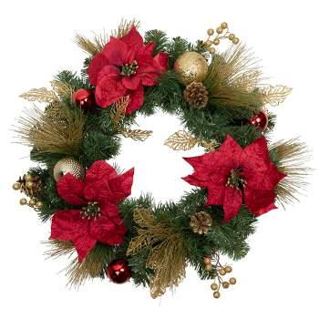 Northlight Poinsettias and Ball Ornaments Artificial Christmas Wreath - 24-Inch, Unlit