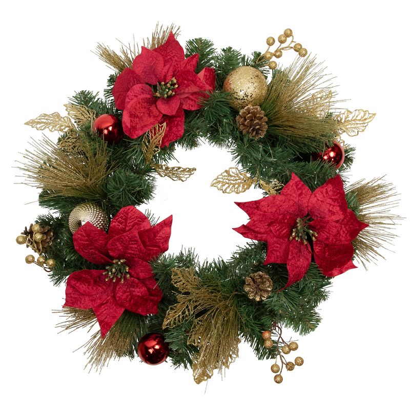 Northlight Poinsettias and Ball Ornaments Artificial Christmas Wreath - 24-Inch, Unlit, 1 of 5