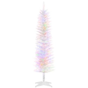 HOMCOM 5ft Tall Pencil Prelit Artificial Christmas Tree Holiday Décor with 250 Colorful Surface Branches, 150 Colorful LED Lights, White - 1 of 4