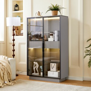 Tall Display Cabinet With Drawers And Glass Shelves, Modern Grey Storage Unit With LED Lights For Living Room-Maison Boucle - 1 of 4