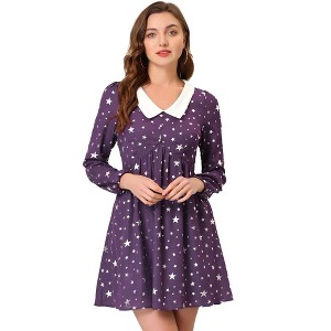 Allegra K Women's Star Printed Long Sleeve Metallic A-Line Peter Pan Collar Mini Dress - 1 of 4