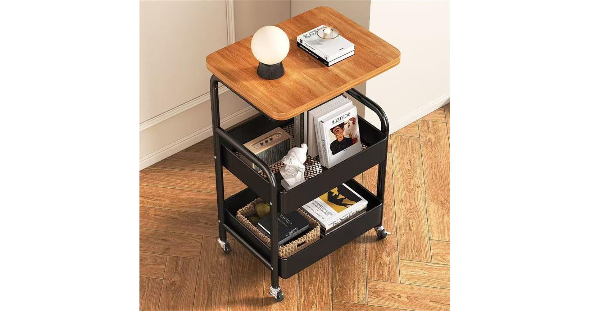 3 Tier Storage Trolley on Wheels Rolling Cart with Wooden Table Top Kitchen Storage Organizer for Living Room, Kitchen, Bathroom, Office, Classroom