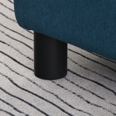Dark Blue Linen Fabric Pouf Footrest Ottoman with Wooden Legs