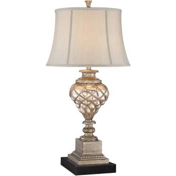 Barnes and Ivy Luke Traditional Table Lamp with Square Black Riser 30 1/2" Tall Silver Glass LED Nightlight Off White Bell Shade for Bedroom Bedside