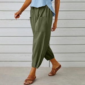 Women's Cropped Pants High Waist Drawstring  Pants Wide Leg with Pockets - 1 of 4