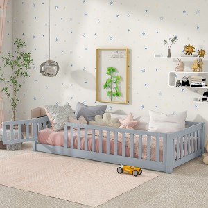Grungis Twin Size Floor Bed for Kids,Modern Wood Toddler Bed with Safety Guardrails and Door,Montessori Bed for Bedroom - 1 of 4