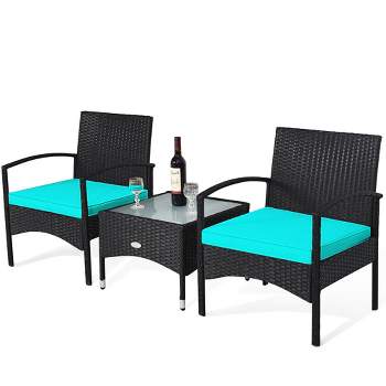 Tangkula 3 PCS Patio Wicker Rattan Furniture Set Coffee Table & 2 Rattan Chair w/ Cushion Turquoise