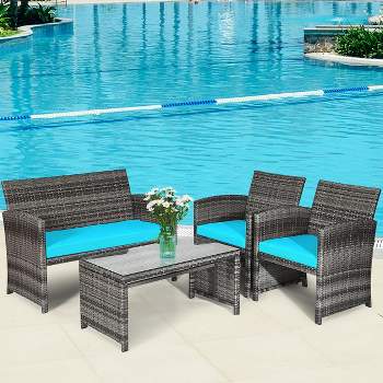 Tangkula 4-Piece Outdoor Patio Furniture Set Rattan Wicker Conversation Sofa Set W/Cushions Turquoise
