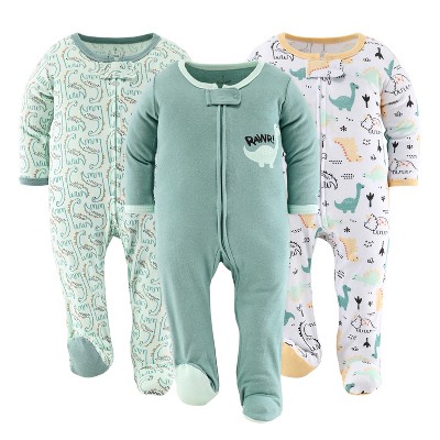 The Peanutshell Green Dino Footed Baby Sleepers for Boys or Girls, 3-Pack