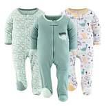 The Peanutshell Green Dino Footed Baby Sleepers for Boys or Girls, 3-Pack