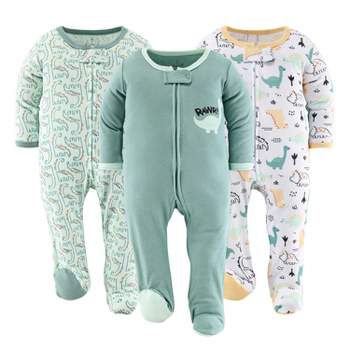 The Peanutshell Green Dino Footed Baby Sleepers for Boys or Girls, 3-Pack, Newborn to 9 Months