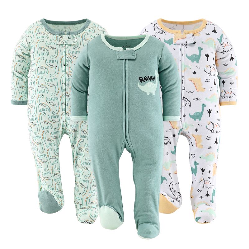 The Peanutshell Green Dino Footed Baby Sleepers for Boys or Girls, 3-Pack, Newborn to 9 Months, 1 of 8
